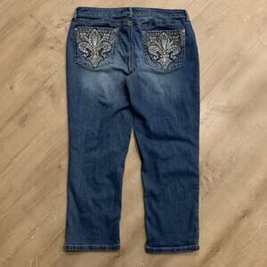 Apt. 9 Embroidered Rhinestone Bling Y2K Stretch Denim Capris Womens Size 14 Blue